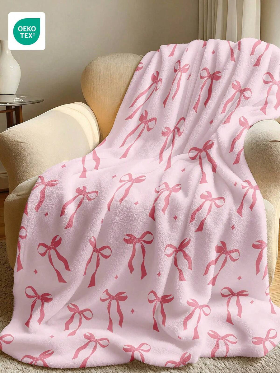 1pc Flannel Blanket, Bedding, Soft Lightweight, Cartoon Bow Print, Home Essential, Daily Use, Birthday Gift For Friends, Comfortable Warm, Easy Care, Cute Style, Multi-Functional Blanket Suitable For Sofa, Bedroom, Living Room, Room Decor, OEKO-TEX